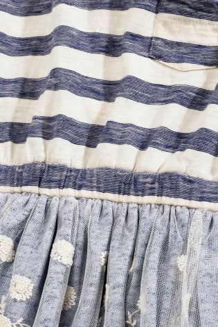 Blue/Ecru Stripe Dress With Mesh Layer (3mths-6yrs)